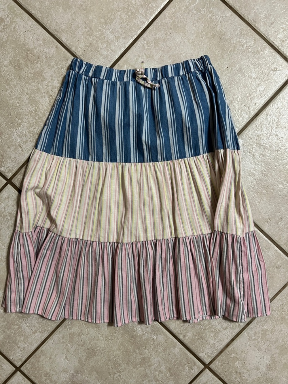 wonder nation Blue, Cream & Pink Striped Tiered Midi Skirt